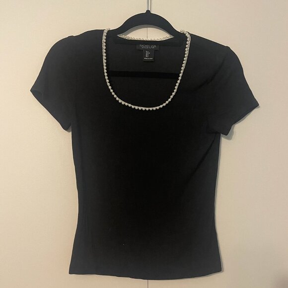 Black Ribbed Short Sleeve Top with Pearl Neckline - Picture 1 of 5